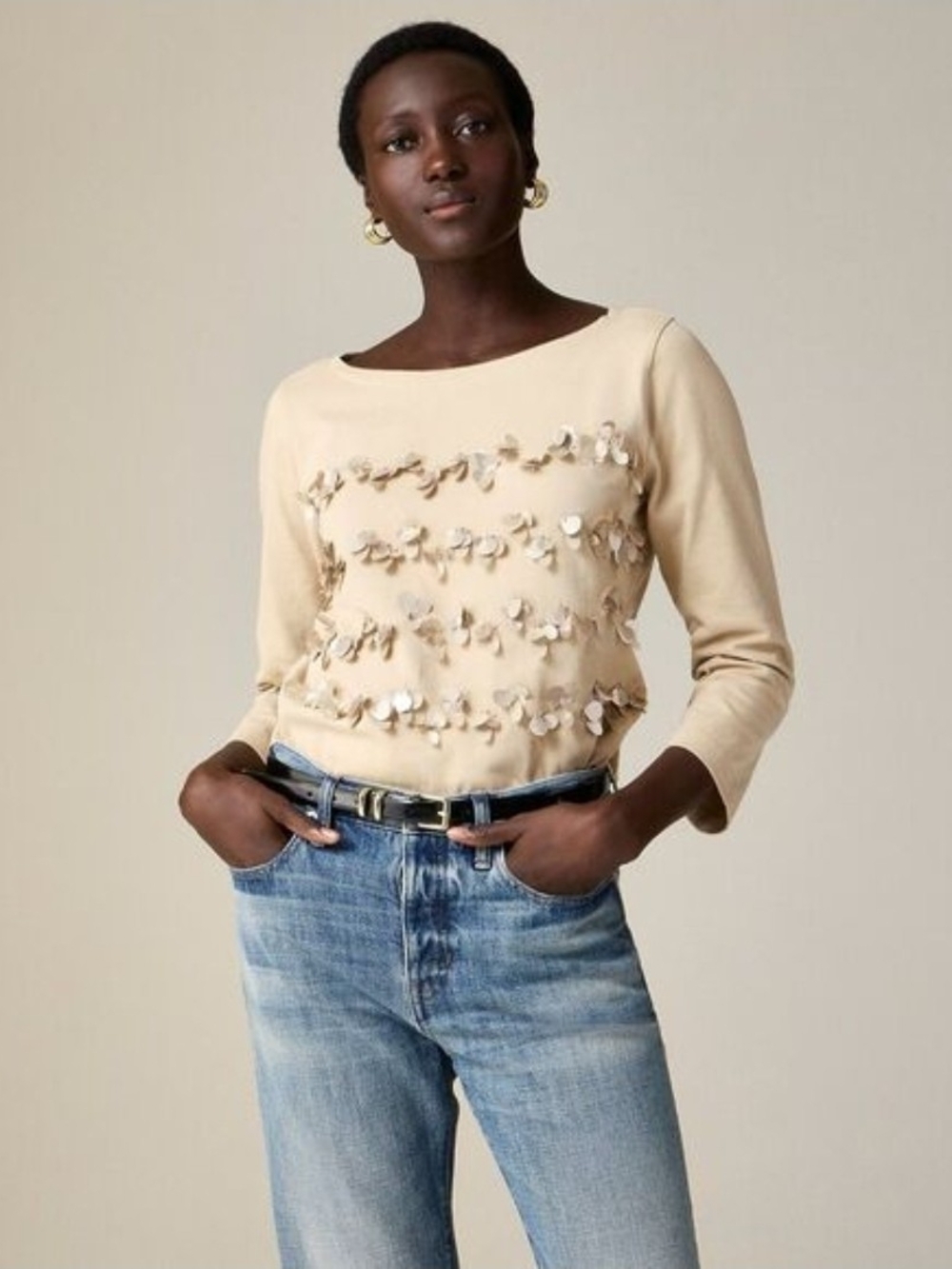 J. Crew Cream Sequin Flower Boatneck Sweatshirt